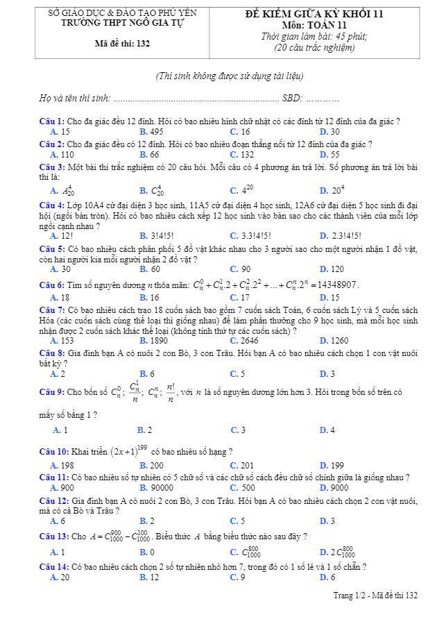 Đề kiểm tra giữa học kì 1 (HK1) lớp 11 môn Toán năm 2019 2020 trường Ngô Gia Tự Phú Yên