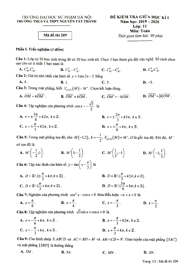 Đề kiểm tra giữa học kì 1 (HK1) lớp 11 môn Toán năm 2019 2020 trường Nguyễn Tất Thành Hà Nội
