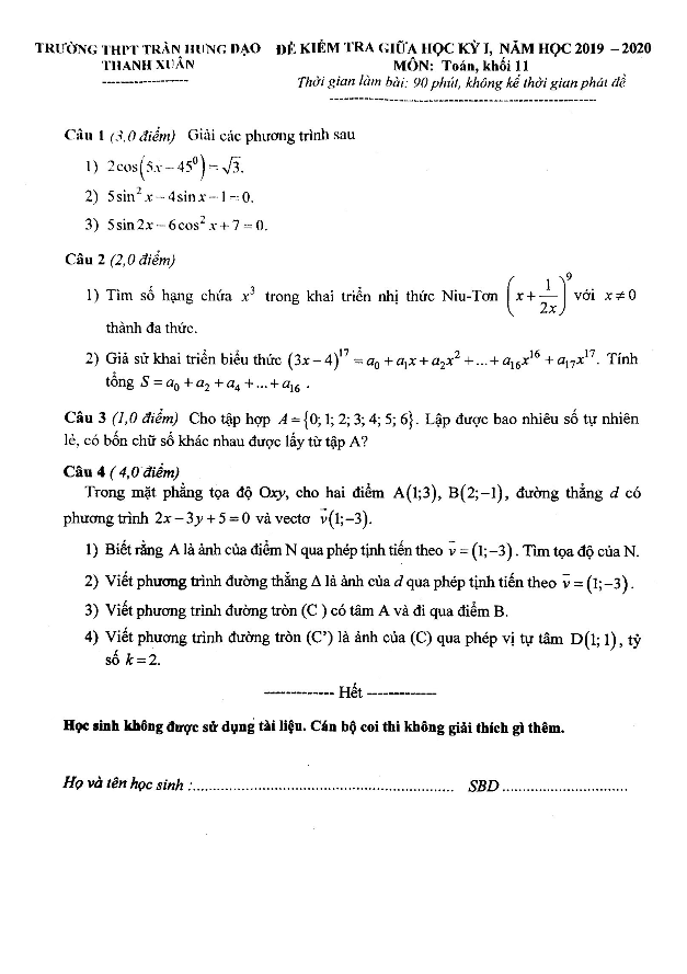 Đề kiểm tra giữa học kì 1 (HK1) lớp 11 môn Toán năm 2019 2020 trường Trần Hưng Đạo Hà Nội