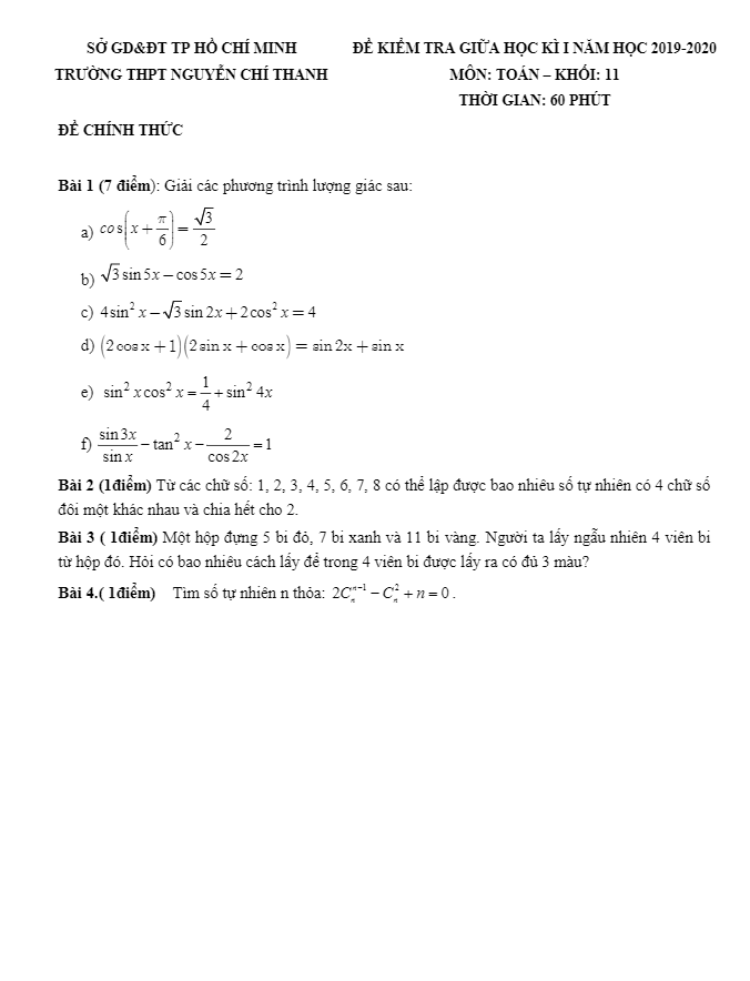 Đề kiểm tra giữa học kì 1 (HK1) lớp 11 môn Toán năm 2019 – 2020 trường Nguyễn Chí Thanh – TP HCM