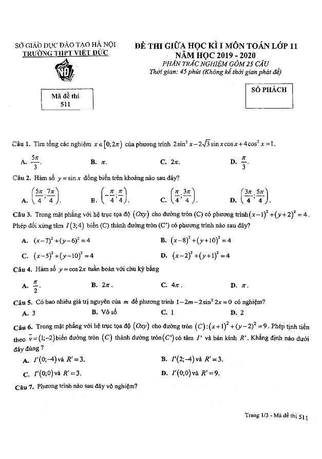 Đề kiểm tra giữa học kì 1 (HK1) lớp 11 môn Toán năm 2019 – 2020 trường THPT Việt Đức – Hà Nội