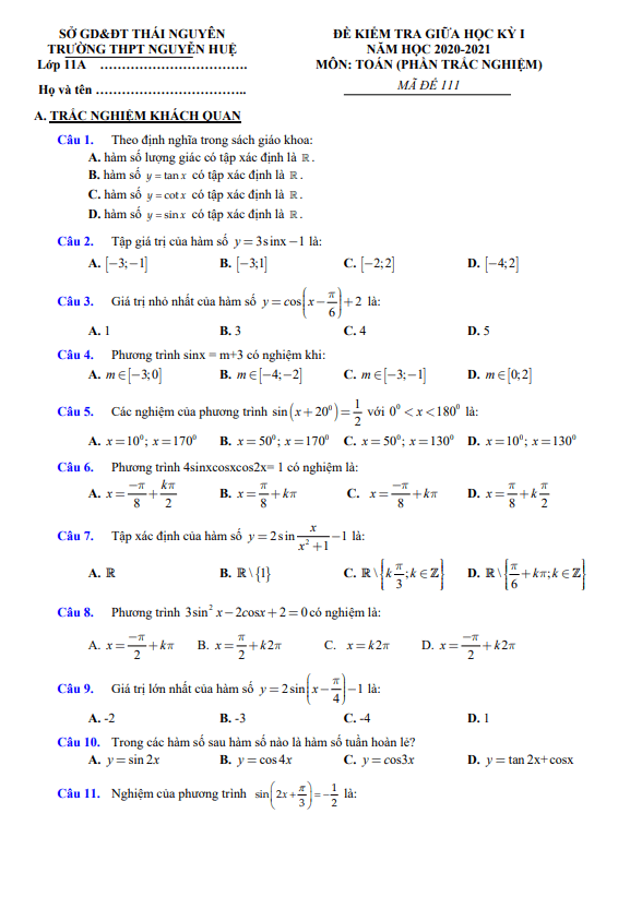 Đề kiểm tra giữa học kì 1 (HK1) lớp 11 môn Toán năm 2020 2021 trường THPT Nguyễn Huệ Thái Nguyên