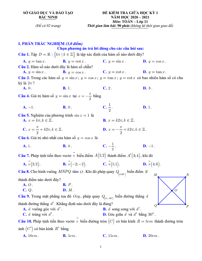 Đề kiểm tra giữa học kì 1 (HK1) lớp 11 môn Toán năm 2020 – 2021 sở GD ĐT Bắc Ninh