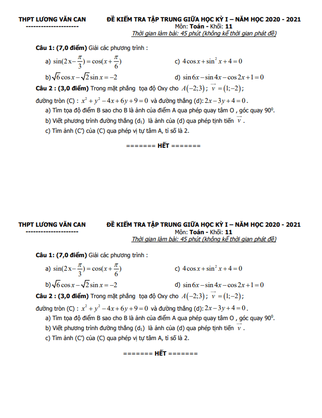 Đề kiểm tra giữa học kì 1 (HK1) lớp 11 môn Toán năm 2020 – 2021 trường THPT Lương Văn Can – TP HCM