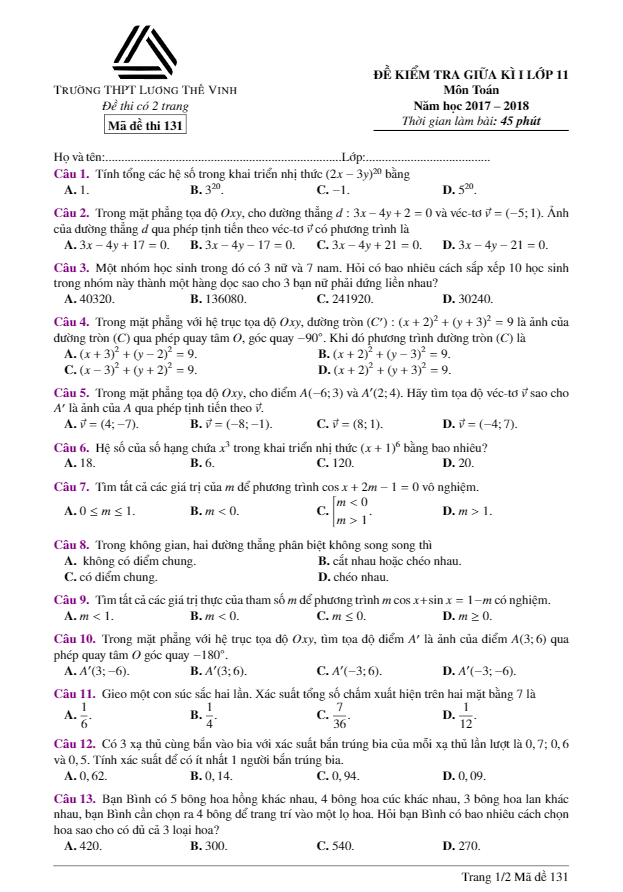 Đề kiểm tra giữa học kì 1 (HK1) lớp 11 môn Toán năm học 2017 2018 trường THPT Lương Thế Vinh Hà Nội