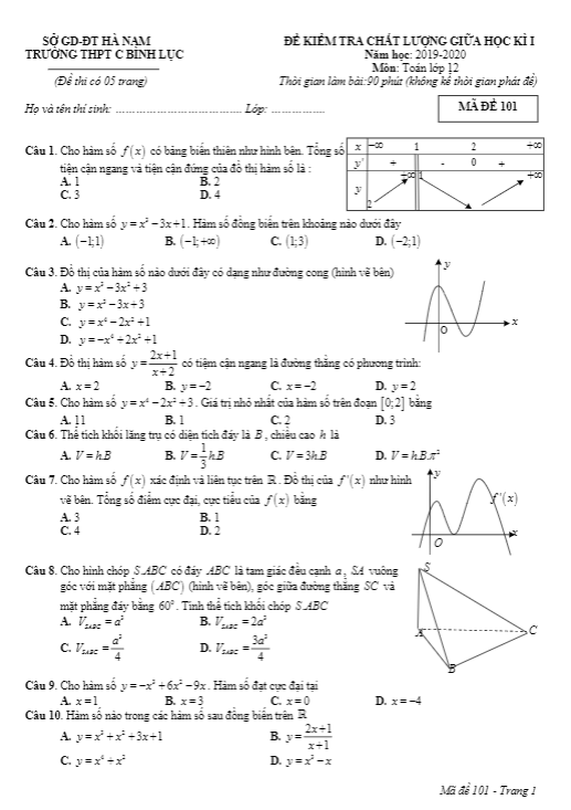 Đề kiểm tra giữa học kì 1 (HK1) lớp 12 môn Toán năm 2019 2020 trường C Bình Lục Hà Nam