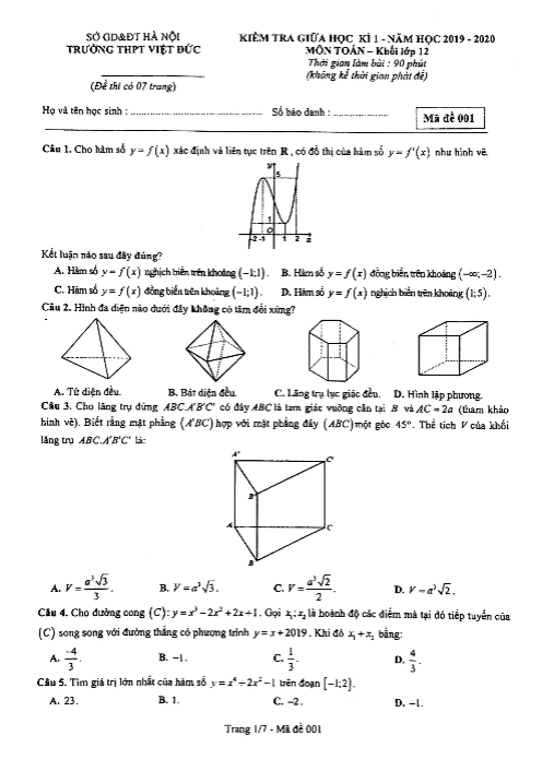 Đề kiểm tra giữa học kì 1 (HK1) lớp 12 môn Toán năm 2019 2020 trường Việt Đức Hà Nội