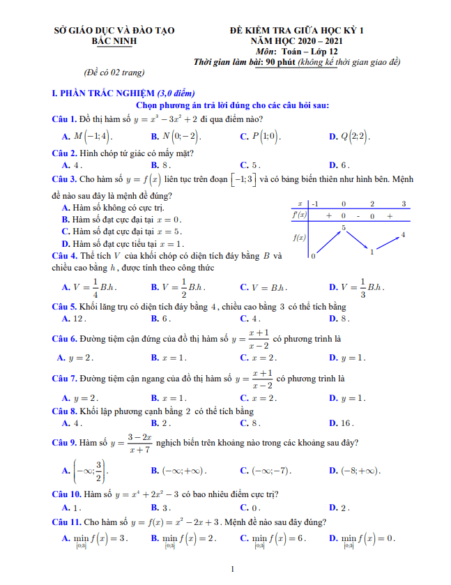 Đề kiểm tra giữa học kì 1 (HK1) lớp 12 môn Toán năm 2020 2021 sở GD ĐT Bắc Ninh