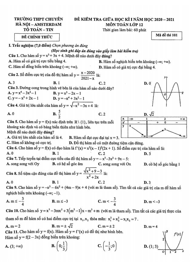 Đề kiểm tra giữa học kì 1 (HK1) lớp 12 môn Toán năm 2020 2021 trường chuyên Hà Nội Amsterdam