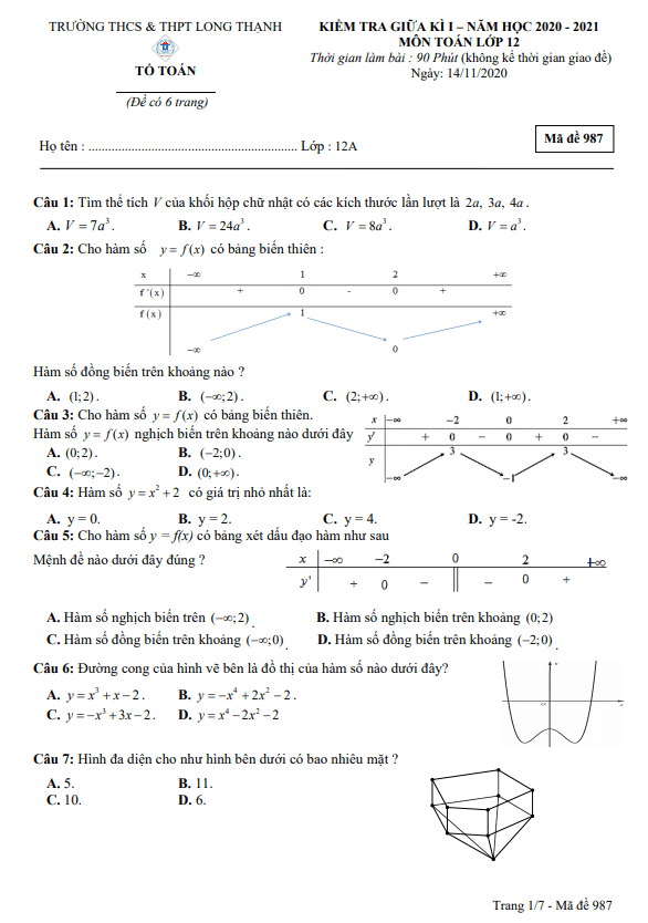 Đề kiểm tra giữa học kì 1 (HK1) lớp 12 môn Toán năm 2020 2021 trường THCS THPT Long Thạnh Kiên Giang