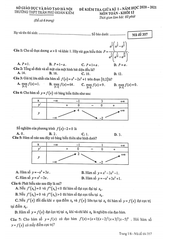 Đề kiểm tra giữa học kì 1 (HK1) lớp 12 môn Toán năm 2020 2021 trường THPT Trần Phú Hà Nội