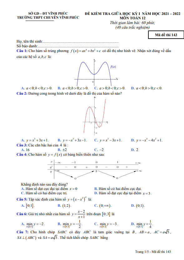 Đề kiểm tra giữa học kì 1 (HK1) lớp 12 môn Toán năm 2021 2022 trường THPT chuyên Vĩnh Phúc
