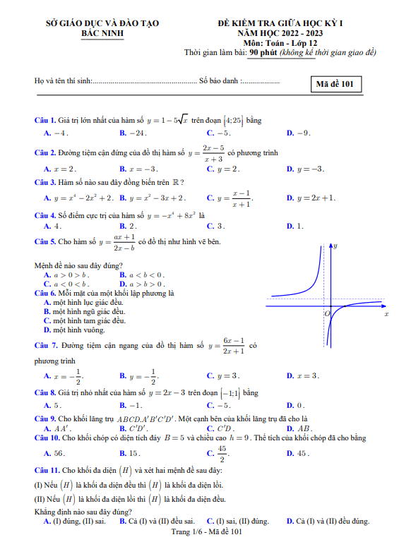 Đề kiểm tra giữa học kì 1 (HK1) lớp 12 môn Toán năm 2022 2023 sở GD ĐT Bắc Ninh