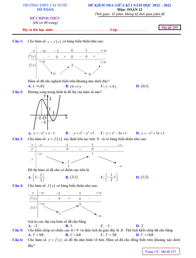 Đề kiểm tra giữa học kì 1 (HK1) lớp 12 môn Toán năm 2022 2023 trường THPT Cái Nước Cà Mau