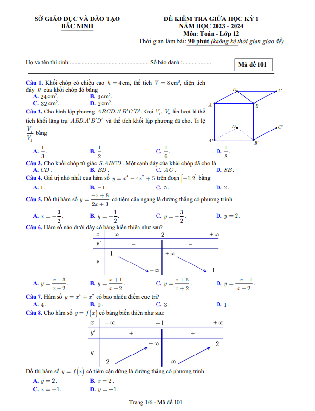 Đề kiểm tra giữa học kì 1 (HK1) lớp 12 môn Toán năm 2023 2024 sở GD ĐT Bắc Ninh