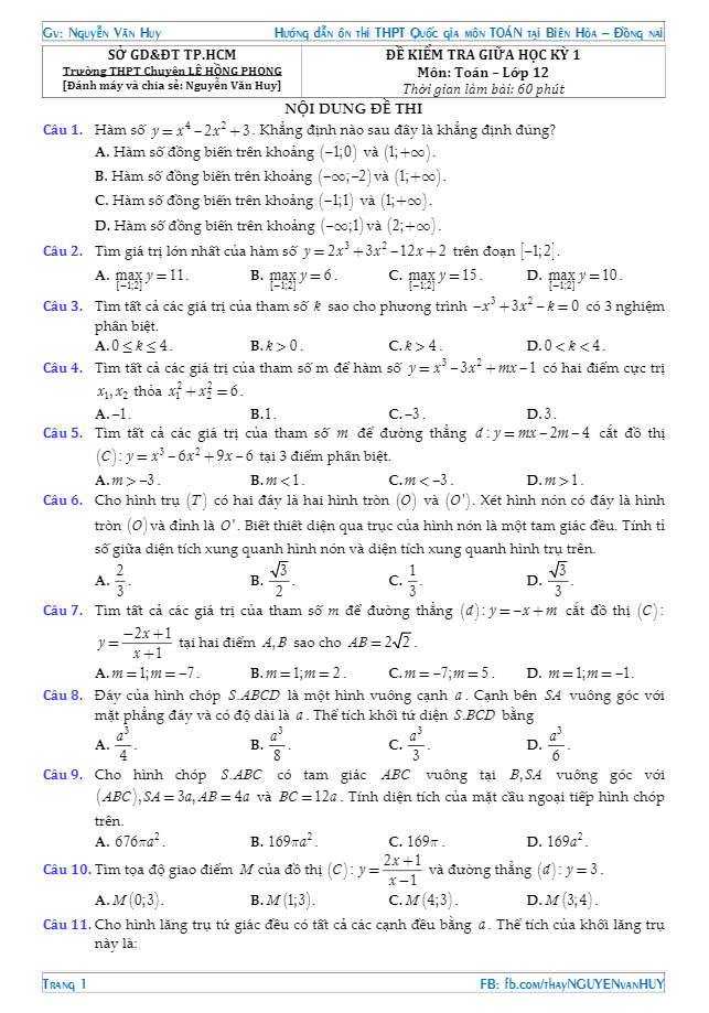 Đề kiểm tra giữa học kì 1 (HK1) lớp 12 môn Toán trường THPT chuyên Lê Hồng Phong TP. HCM