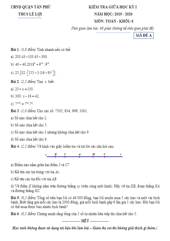 Đề kiểm tra giữa học kì 1 (HK1) lớp 6 môn Toán năm 2019 2020 trường THCS Lê Lợi TP HCM