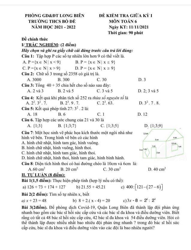 Đề kiểm tra giữa học kì 1 (HK1) lớp 6 môn Toán năm 2021 2022 trường THCS Bồ Đề Hà Nội