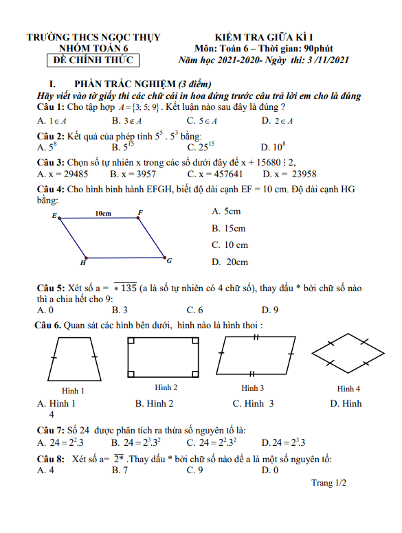 Đề kiểm tra giữa học kì 1 (HK1) lớp 6 môn Toán năm 2021 2022 trường THCS Ngọc Thụy Hà Nội