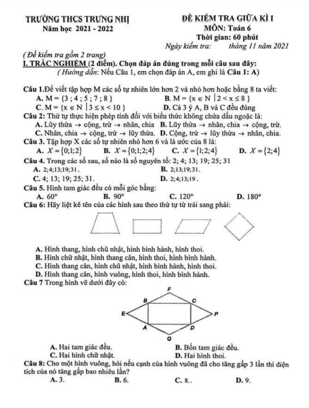 Đề kiểm tra giữa học kì 1 (HK1) lớp 6 môn Toán năm 2021 2022 trường THCS Trưng Nhị Hà Nội