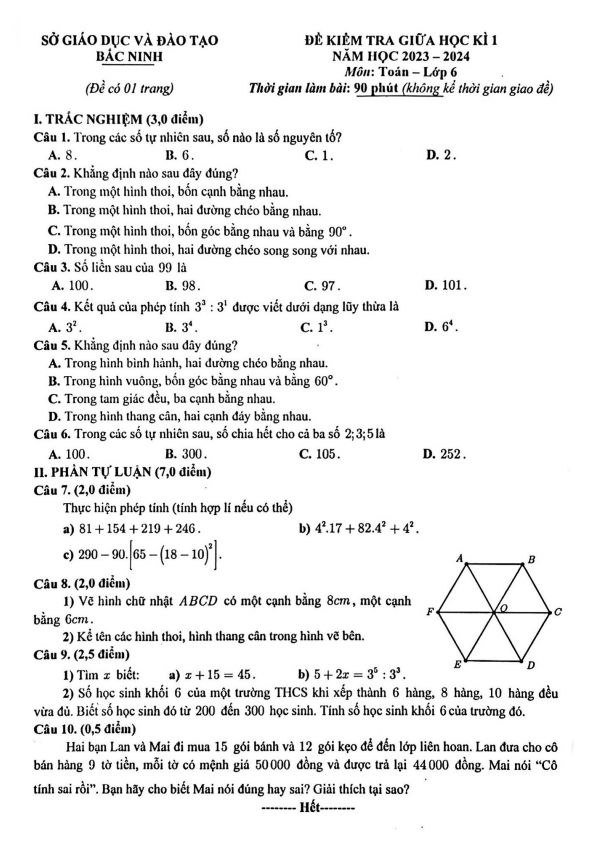 Đề kiểm tra giữa học kì 1 (HK1) lớp 6 môn Toán năm 2023 2024 sở GD ĐT Bắc Ninh