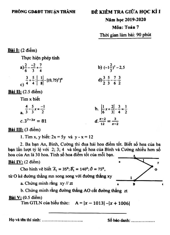 Đề kiểm tra giữa học kì 1 (HK1) lớp 7 môn Toán năm 2019 2020 phòng GD ĐT Thuận Thành Bắc Ninh