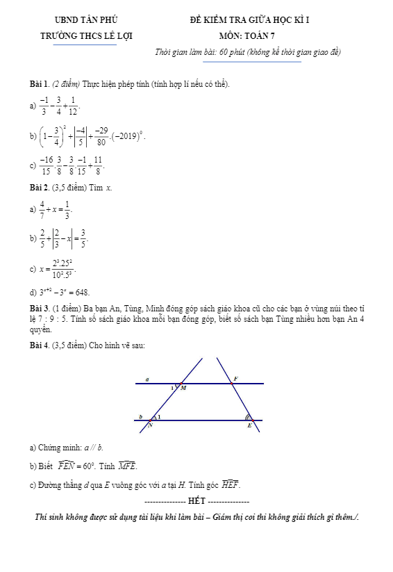 Đề kiểm tra giữa học kì 1 (HK1) lớp 7 môn Toán năm 2019 2020 trường THCS Lê Lợi TP HCM