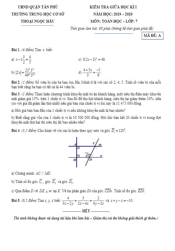 Đề kiểm tra giữa học kì 1 (HK1) lớp 7 môn Toán năm 2019 2020 trường Thoại Ngọc Hầu TP HCM