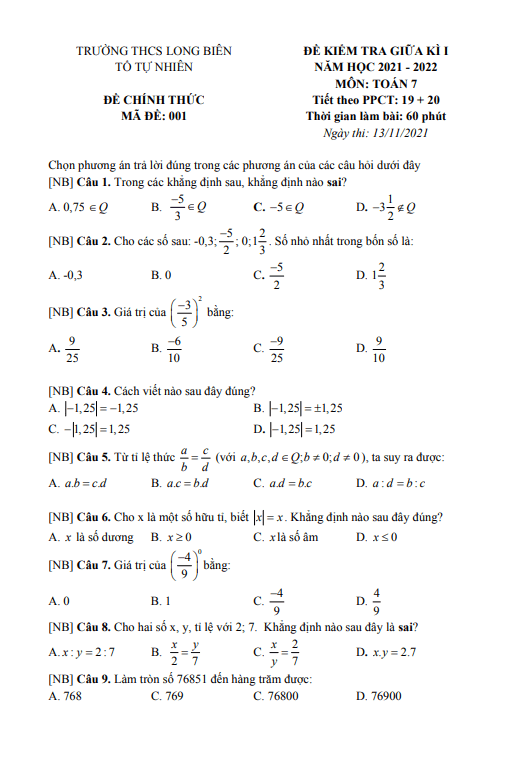 Đề kiểm tra giữa học kì 1 (HK1) lớp 7 môn Toán năm 2021 2022 trường THCS Long Biên Hà Nội