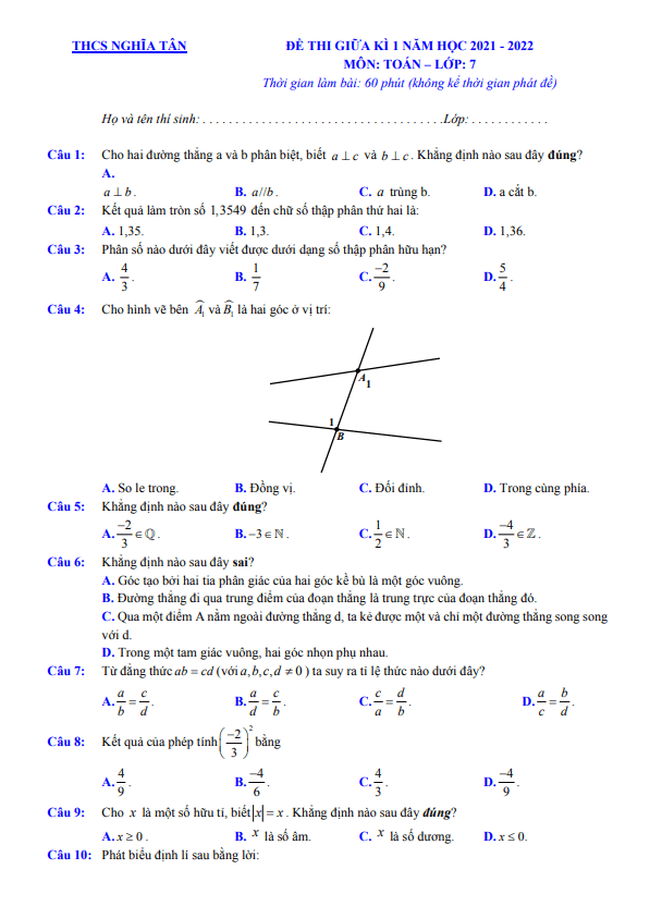 Đề kiểm tra giữa học kì 1 (HK1) lớp 7 môn Toán năm 2021 2022 trường THCS Nghĩa Tân Hà Nội