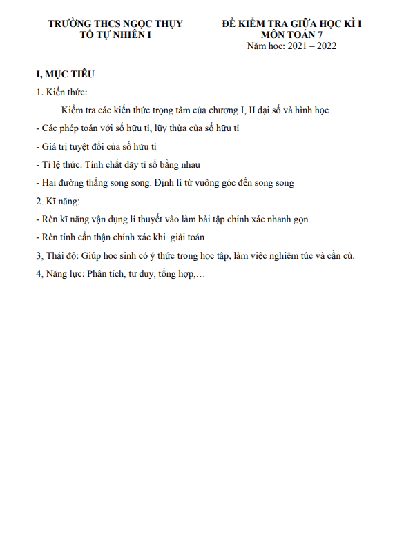 Đề kiểm tra giữa học kì 1 (HK1) lớp 7 môn Toán năm 2021 2022 trường THCS Ngọc Thụy Hà Nội