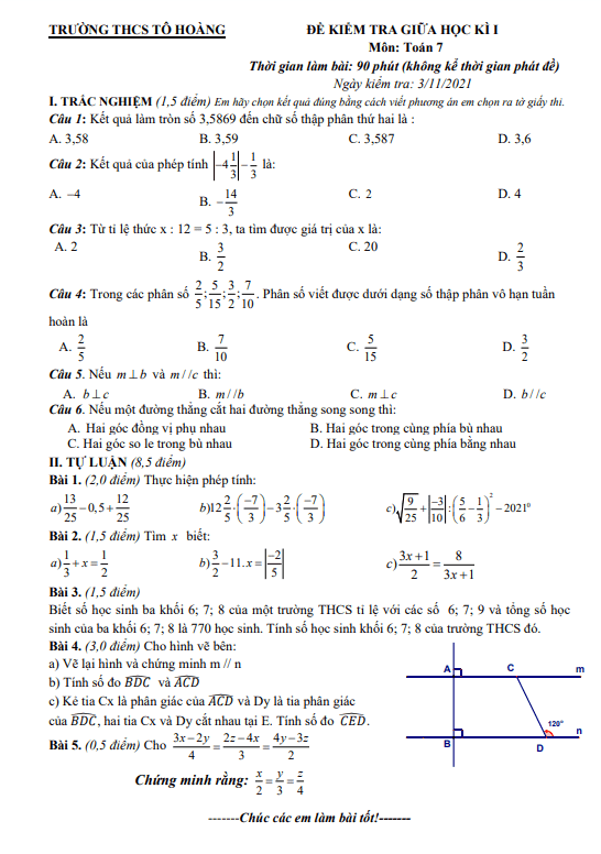 Đề kiểm tra giữa học kì 1 (HK1) lớp 7 môn Toán năm 2021 2022 trường THCS Tô Hoàng Hà Nội
