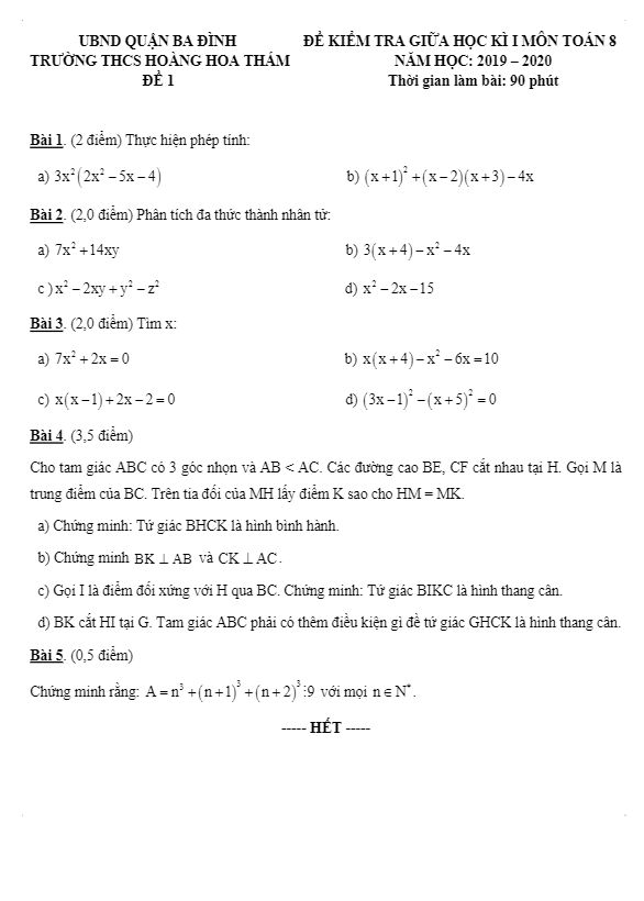Đề kiểm tra giữa học kì 1 (HK1) lớp 8 môn Toán năm 2019 2020 trường Hoàng Hoa Thám Hà Nội