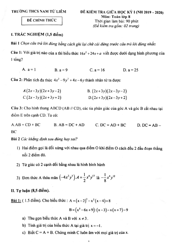 Đề kiểm tra giữa học kì 1 (HK1) lớp 8 môn Toán năm 2019 2020 trường Nam Từ Liêm Hà Nội
