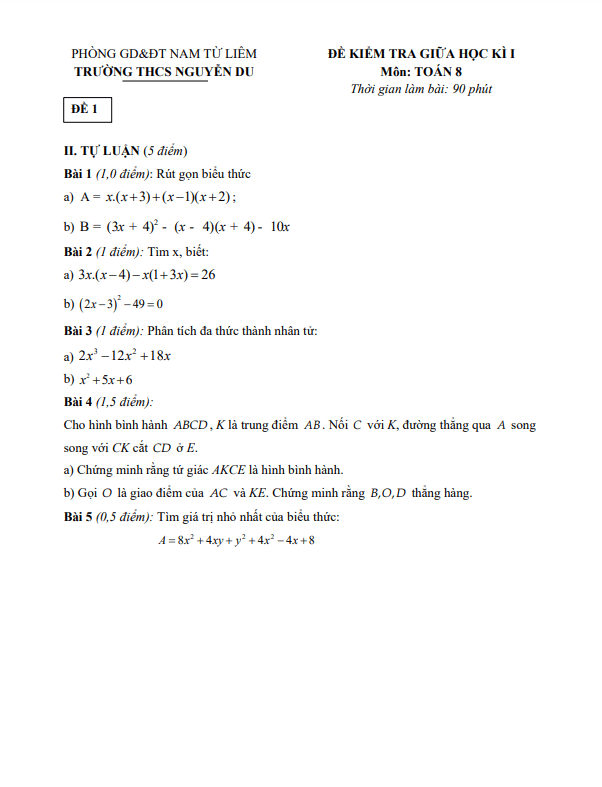 Đề kiểm tra giữa học kì 1 (HK1) lớp 8 môn Toán năm 2021 2022 trường THCS Nguyễn Du Hà Nội