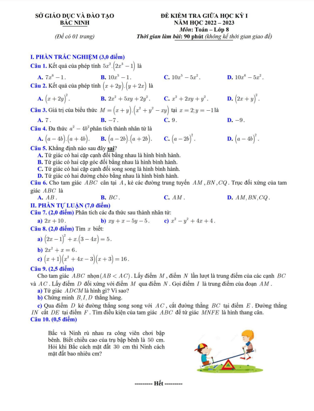 Đề kiểm tra giữa học kì 1 (HK1) lớp 8 môn Toán năm 2022 2023 sở GD ĐT Bắc Ninh