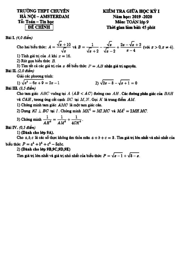 Đề kiểm tra giữa học kì 1 (HK1) lớp 9 môn Toán năm 2019 2020 trường chuyên Hà Nội Amsterdam