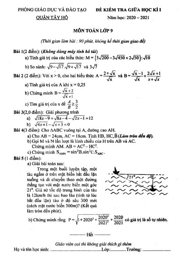 Đề kiểm tra giữa học kì 1 (HK1) lớp 9 môn Toán năm 2020 – 2021 phòng GD ĐT Tây Hồ – Hà Nội