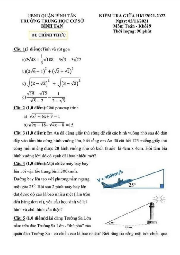 Đề kiểm tra giữa học kì 1 (HK1) lớp 9 môn Toán năm 2021 2022 trường THCS Bình Tân TP HCM