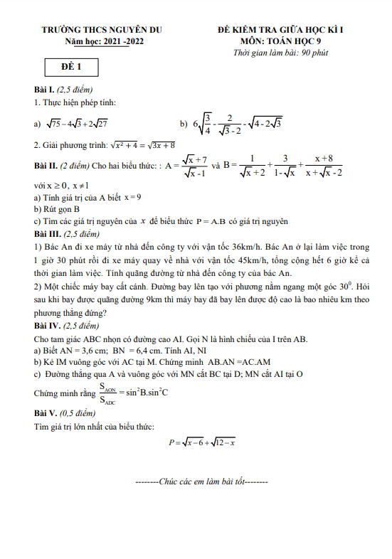 Đề kiểm tra giữa học kì 1 (HK1) lớp 9 môn Toán năm 2021 2022 trường THCS Nguyễn Du Hà Nội