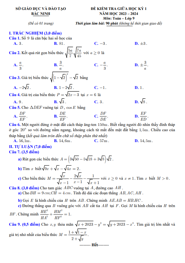 Đề kiểm tra giữa học kì 1 (HK1) lớp 9 môn Toán năm 2023 2024 sở GD ĐT Bắc Ninh