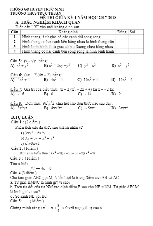 Đề kiểm tra giữa học kì 1 (HK1) năm học 2017 2018 lớp 8 môn Toán trường THCS Trực Thuận Nam Định