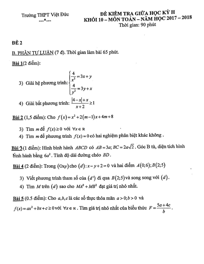 Đề kiểm tra giữa học kì 2 (HK2) lớp 10 môn Toán năm 2017 2018 trường THPT Việt Đức Hà Nội