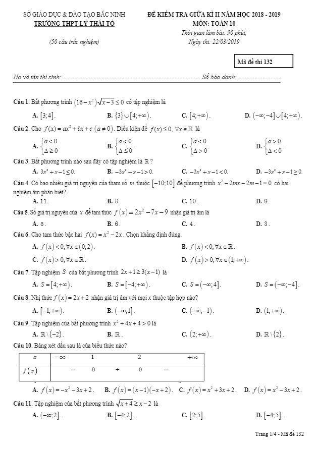 Đề kiểm tra giữa học kì 2 (HK2) lớp 10 môn Toán năm 2018 2019 trường Lý Thái Tổ Bắc Ninh