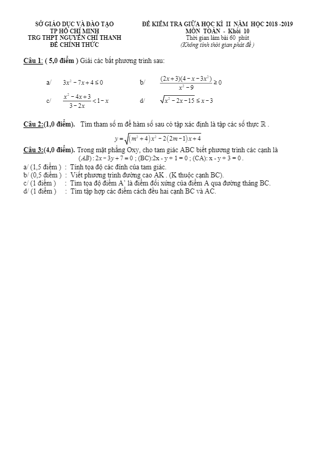 Đề kiểm tra giữa học kì 2 (HK2) lớp 10 môn Toán năm 2018 2019 trường Nguyễn Chí Thanh TP HCM