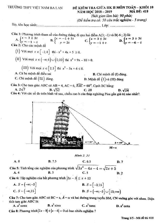 Đề kiểm tra giữa học kì 2 (HK2) lớp 10 môn Toán năm 2018 – 2019 trường Việt Nam – Ba Lan – Hà Nội