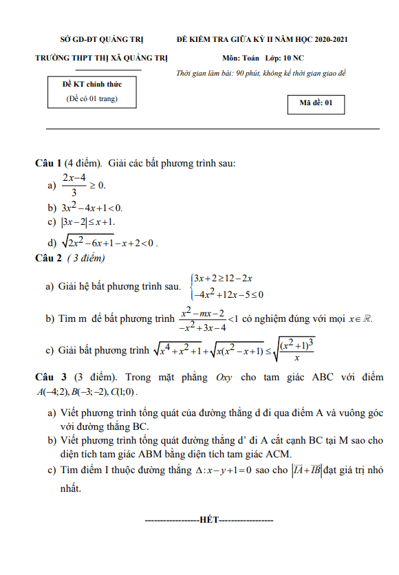 Đề kiểm tra giữa học kì 2 (HK2) lớp 10 môn Toán năm 2020 2021 trường THPT Thị xã Quảng Trị