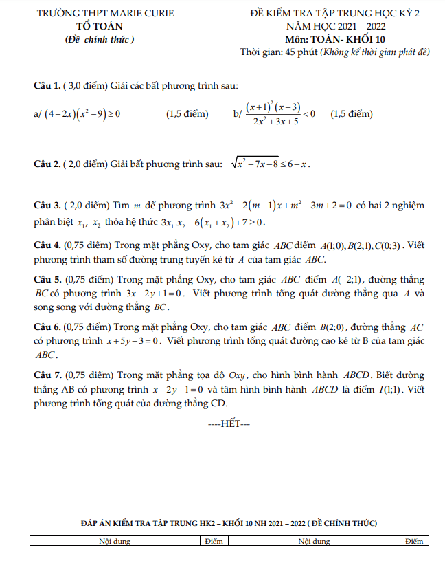 Đề kiểm tra giữa học kì 2 (HK2) lớp 10 môn Toán năm 2021 2022 trường THPT Marie Curie TP HCM