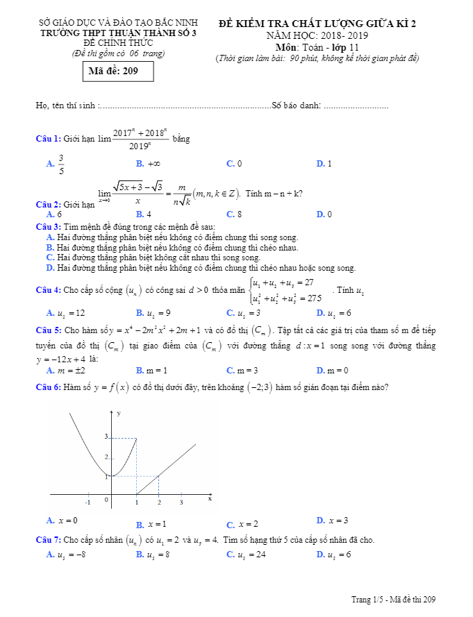 Đề kiểm tra giữa học kì 2 (HK2) lớp 11 môn Toán năm 2018 2019 trường Thuận Thành 3 Bắc Ninh