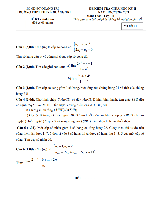 Đề kiểm tra giữa học kì 2 (HK2) lớp 11 môn Toán năm 2020 2021 trường THPT Thị xã Quảng Trị
